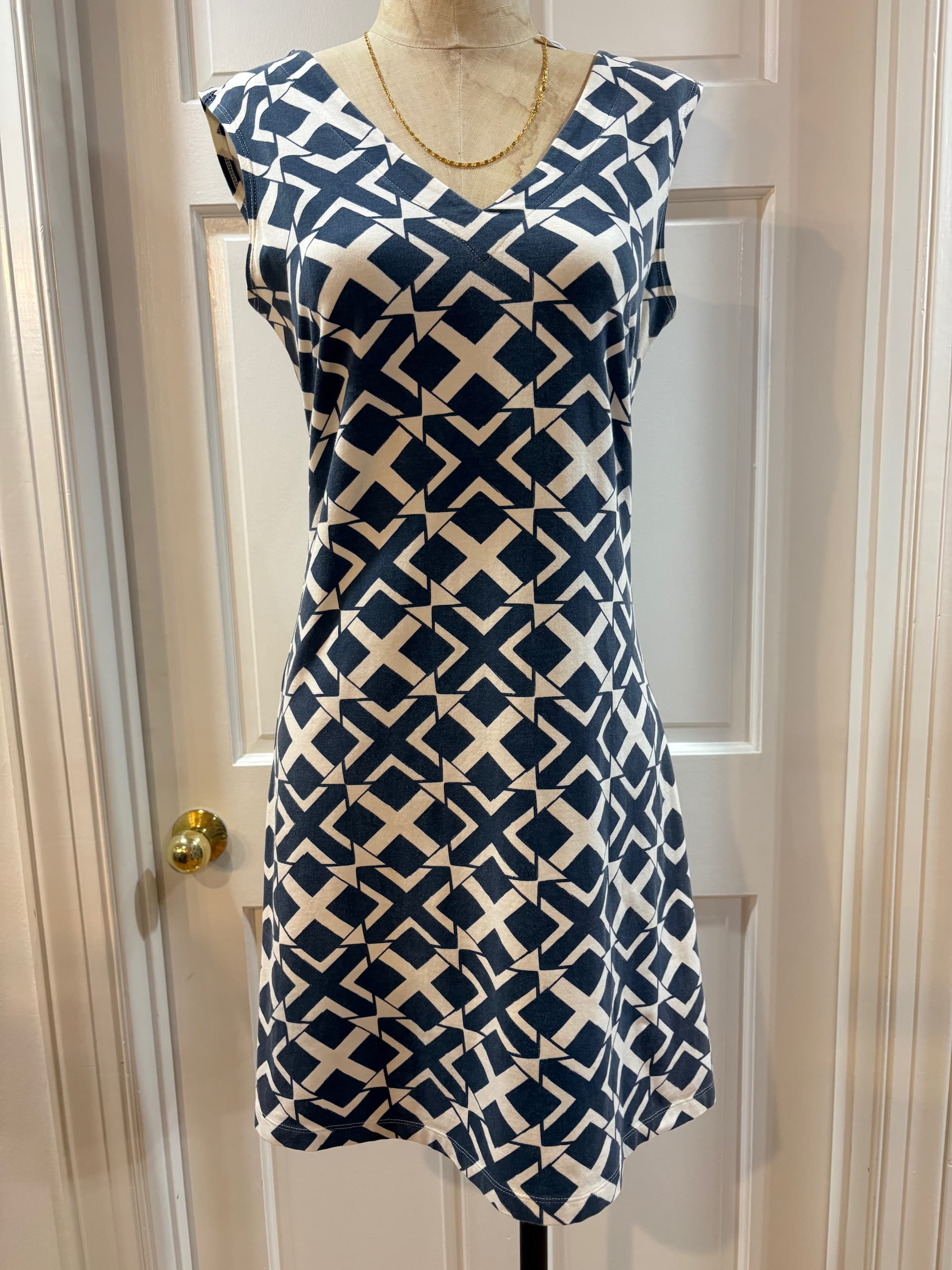 Mahi Gold Slate Blue Diamond Geometric Shift Dress – Second Story Style Edit