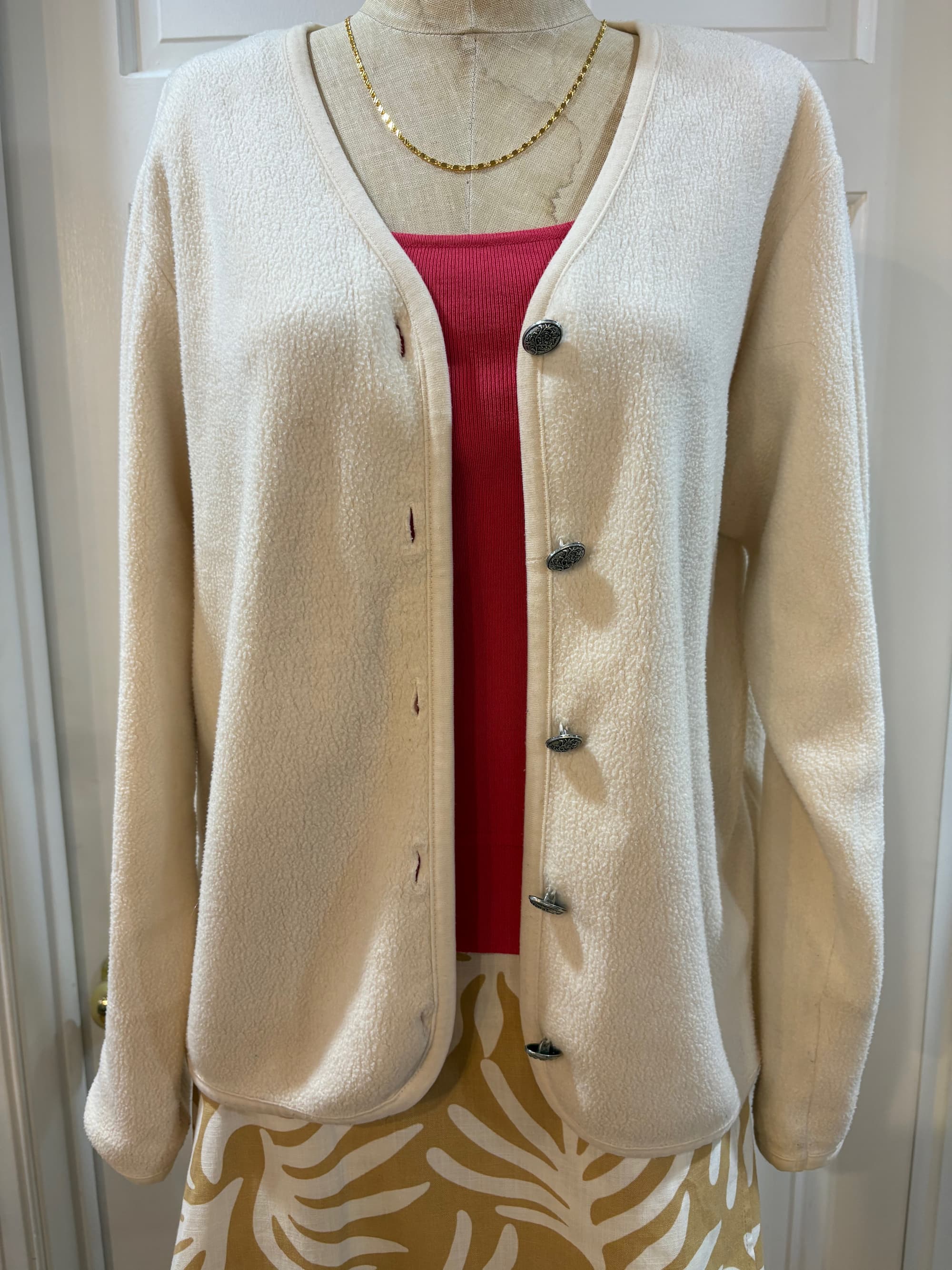 L.L.Bean Archival Collarless Fleece Cardigan — Ivory Cream | Silver Buttons | Size M