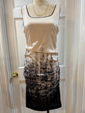 Nicole Miller Ruched Cocktail Dress — Cream to Black Ombre Cityscape Print | Size 8