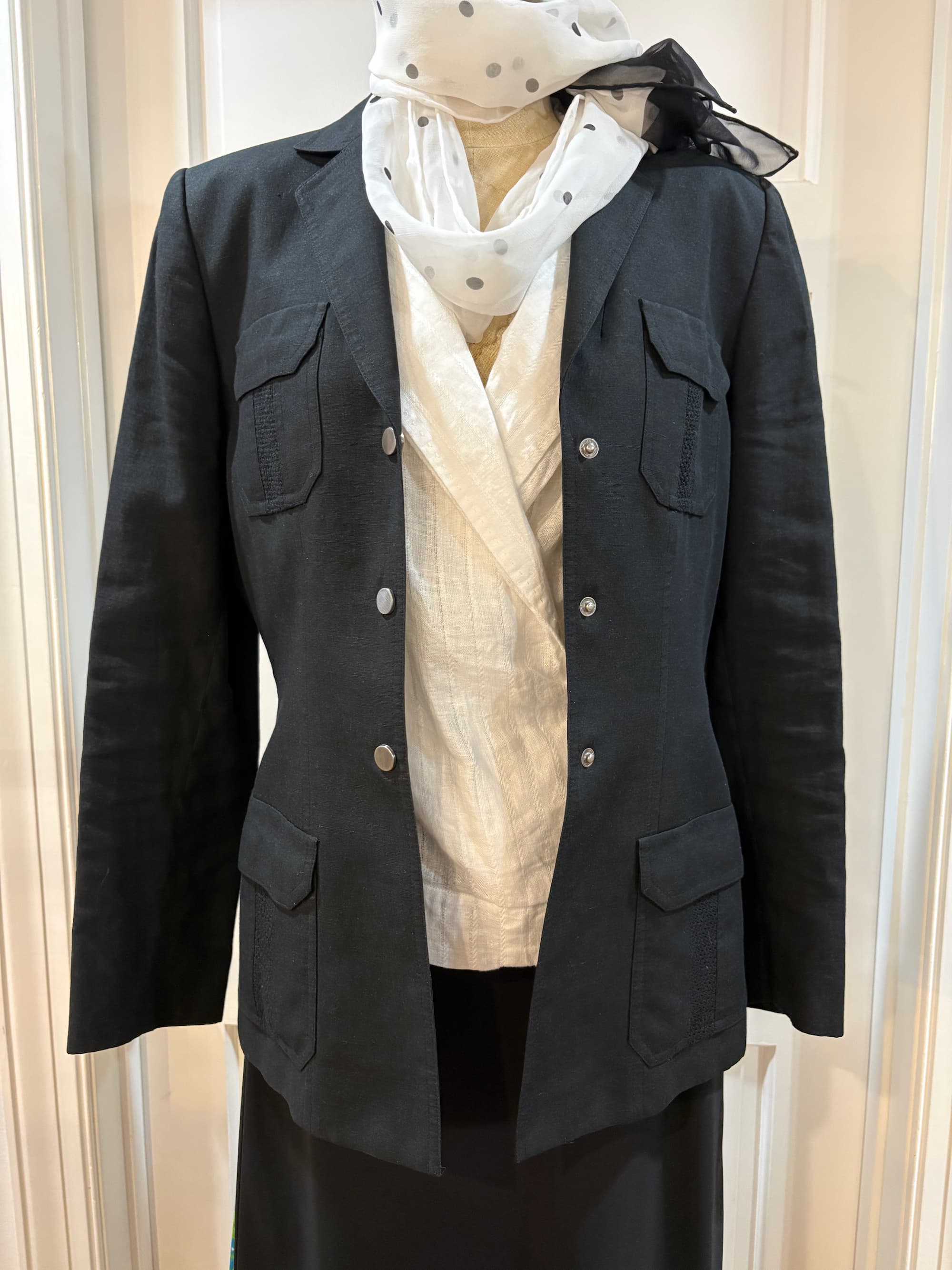 Tahari Black Tailored Military Blazer — Structured Snap Button | EUC