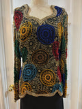 Oleg Cassini Black Tie 100% Silk Heavily Beaded & Sequined Top — Gold & Primary Colors | Size M