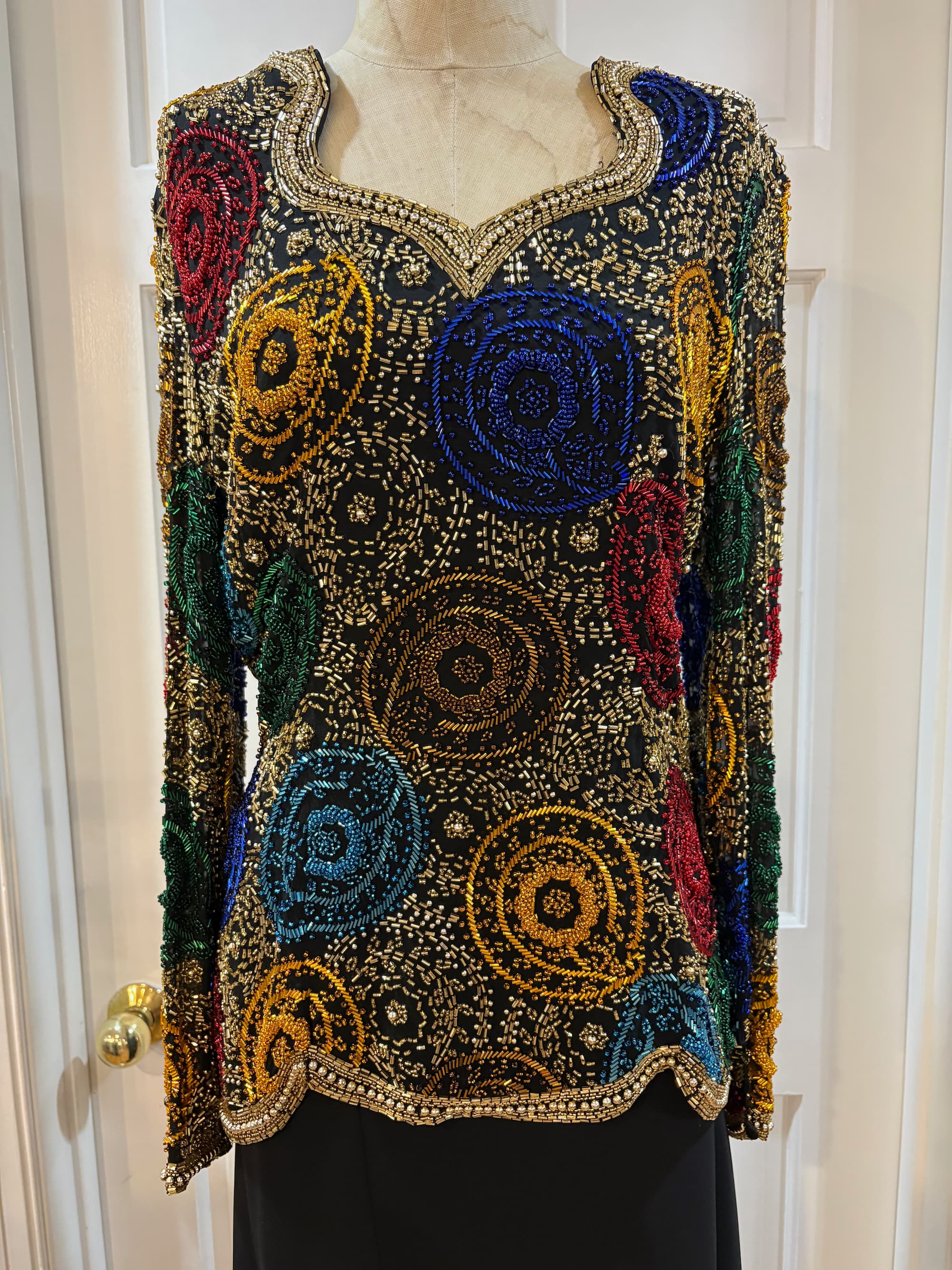 Oleg Cassini Black Tie 100% Silk Heavily Beaded & Sequined Top — Gold & Primary Colors | Size M