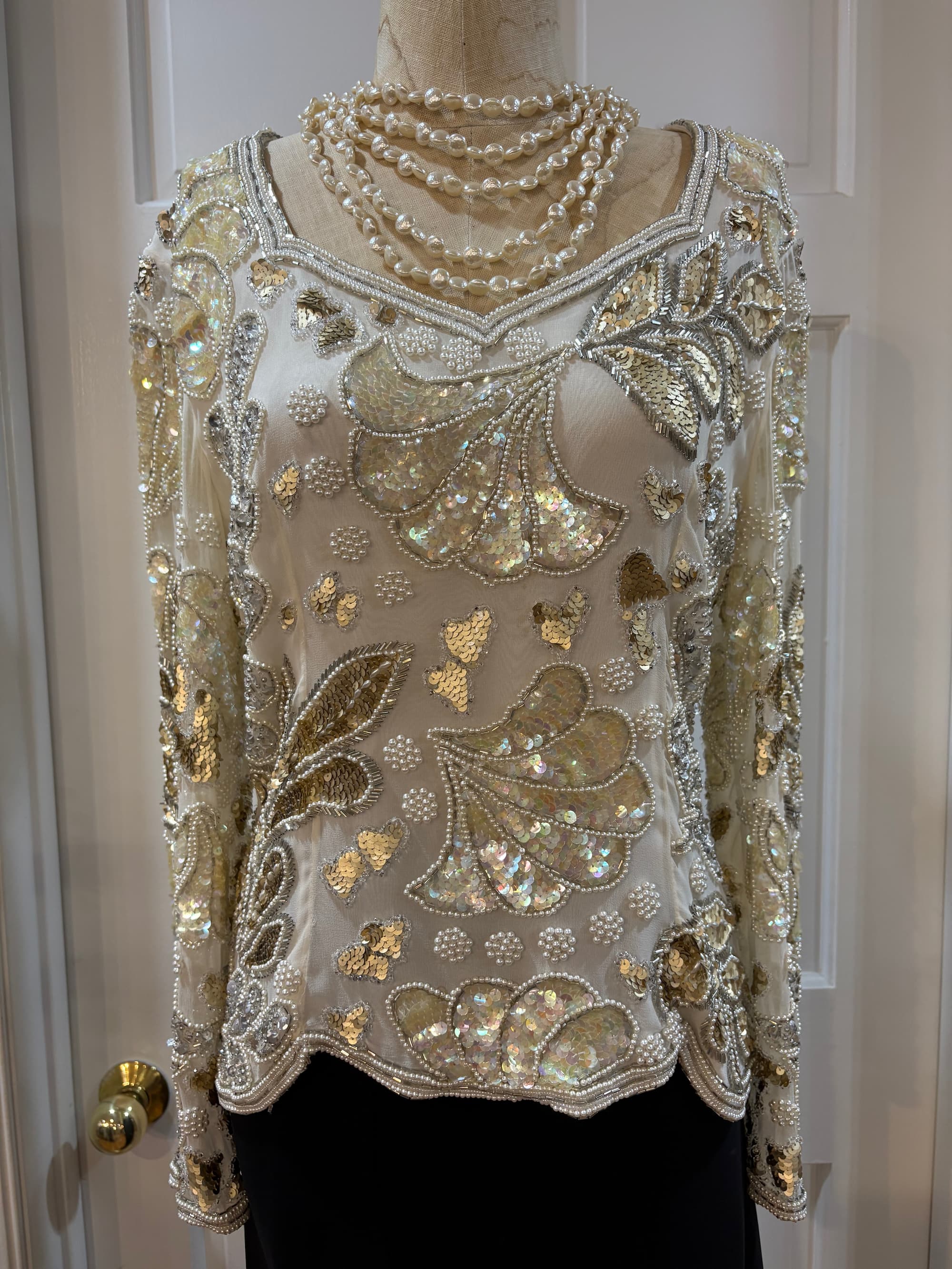 Vintage 1980s–90s Hand-Beaded Silk Evening Blouse — Trophy Top | Faux Pearl & Sequin | Size M