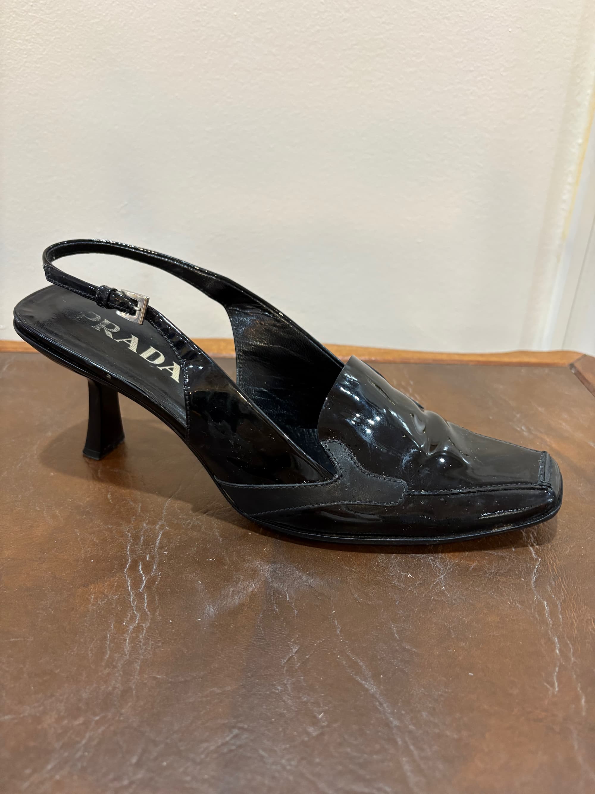Prada Black Patent Leather Slingback Heel — Silver Buckle | Size 38.5