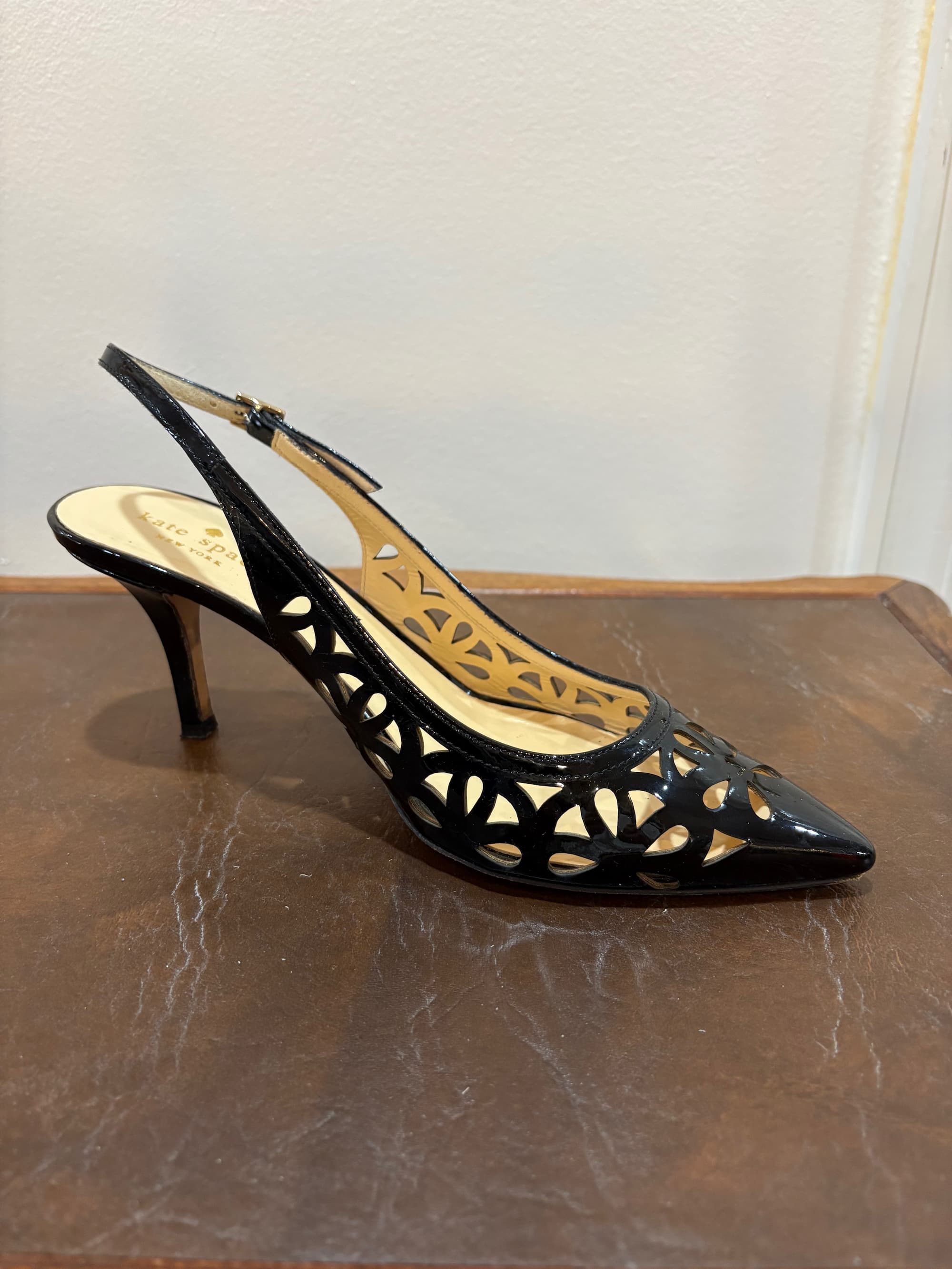 Kate Spade Black Patent Leather Cutout Slingback — Gold Buckle | Size 8B