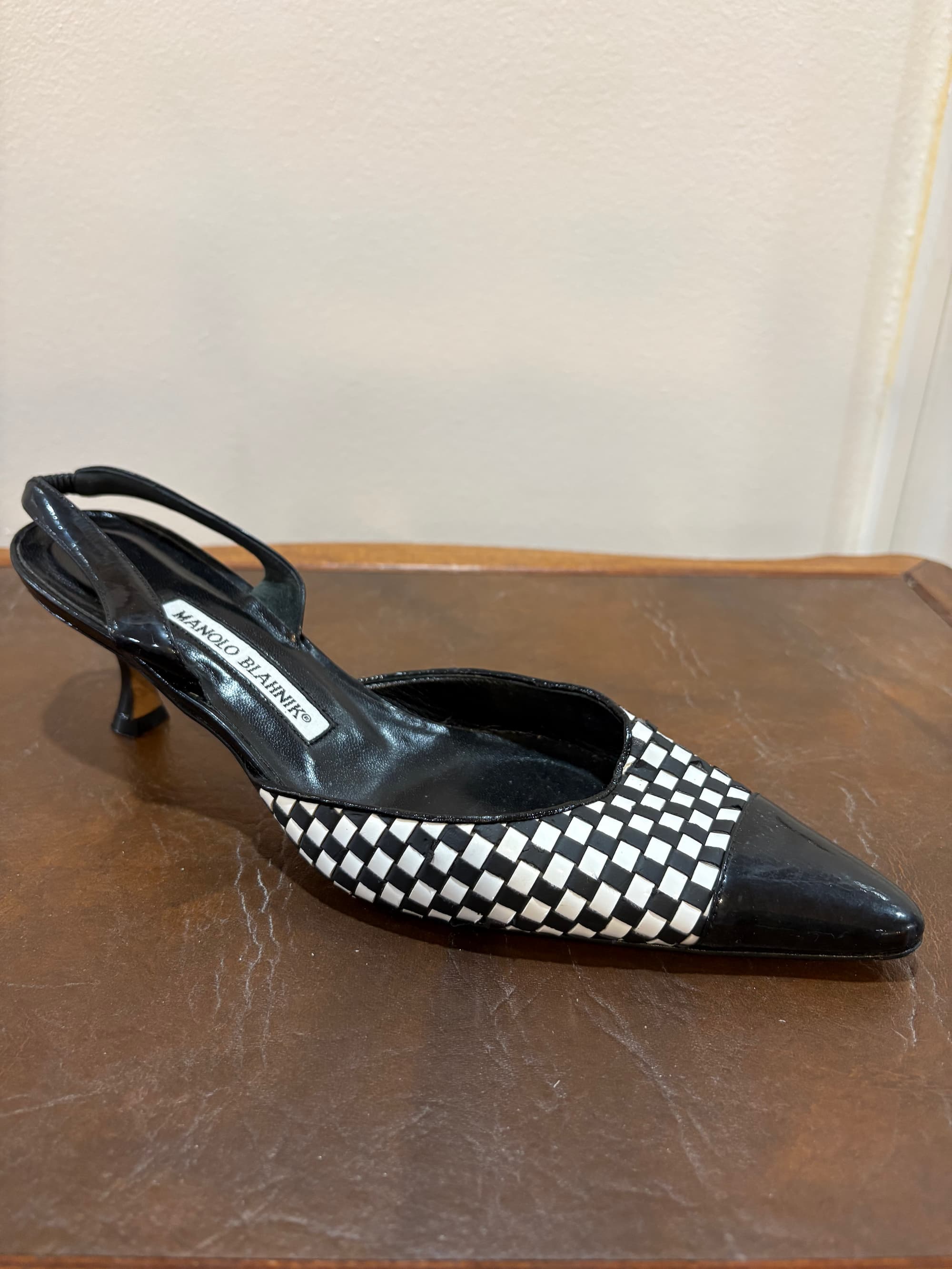 Manolo Blahnik Black & White Checked Kitten Heel — Made in Italy | Size 38.5
