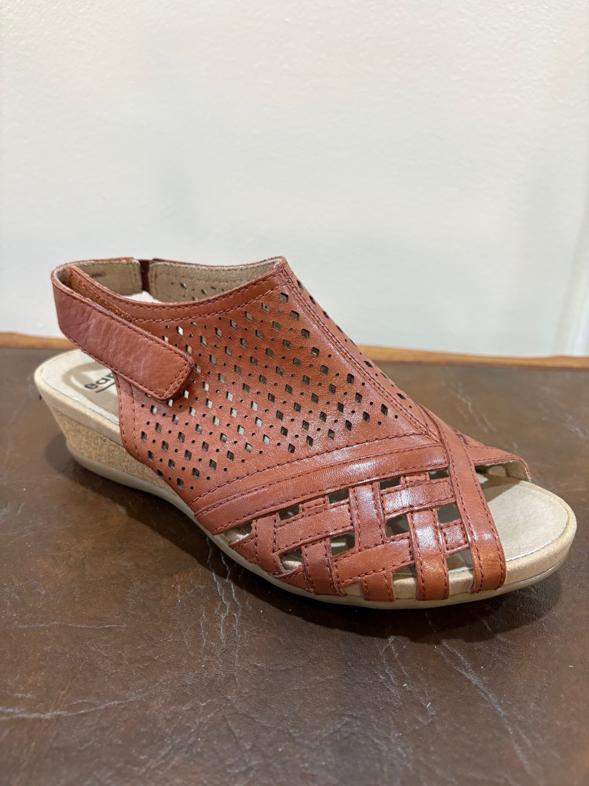 Earth Brown Crosshatch Leather Wedge Sandal — Velcro Strap | Size 8