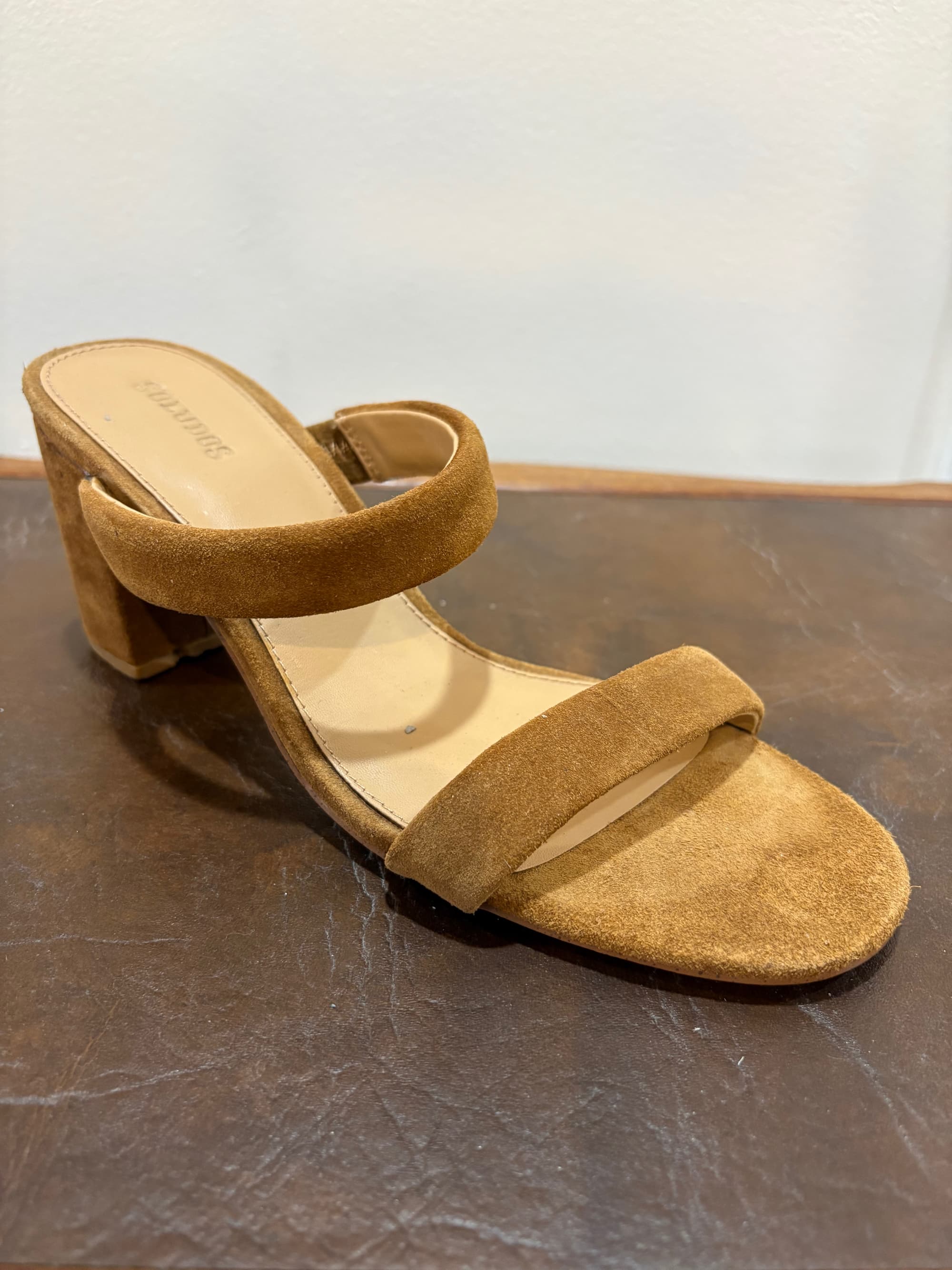 Soludos Camel Suede Ankle & Over-Foot Strap Sandal — Chunky Heel | Size 7.5