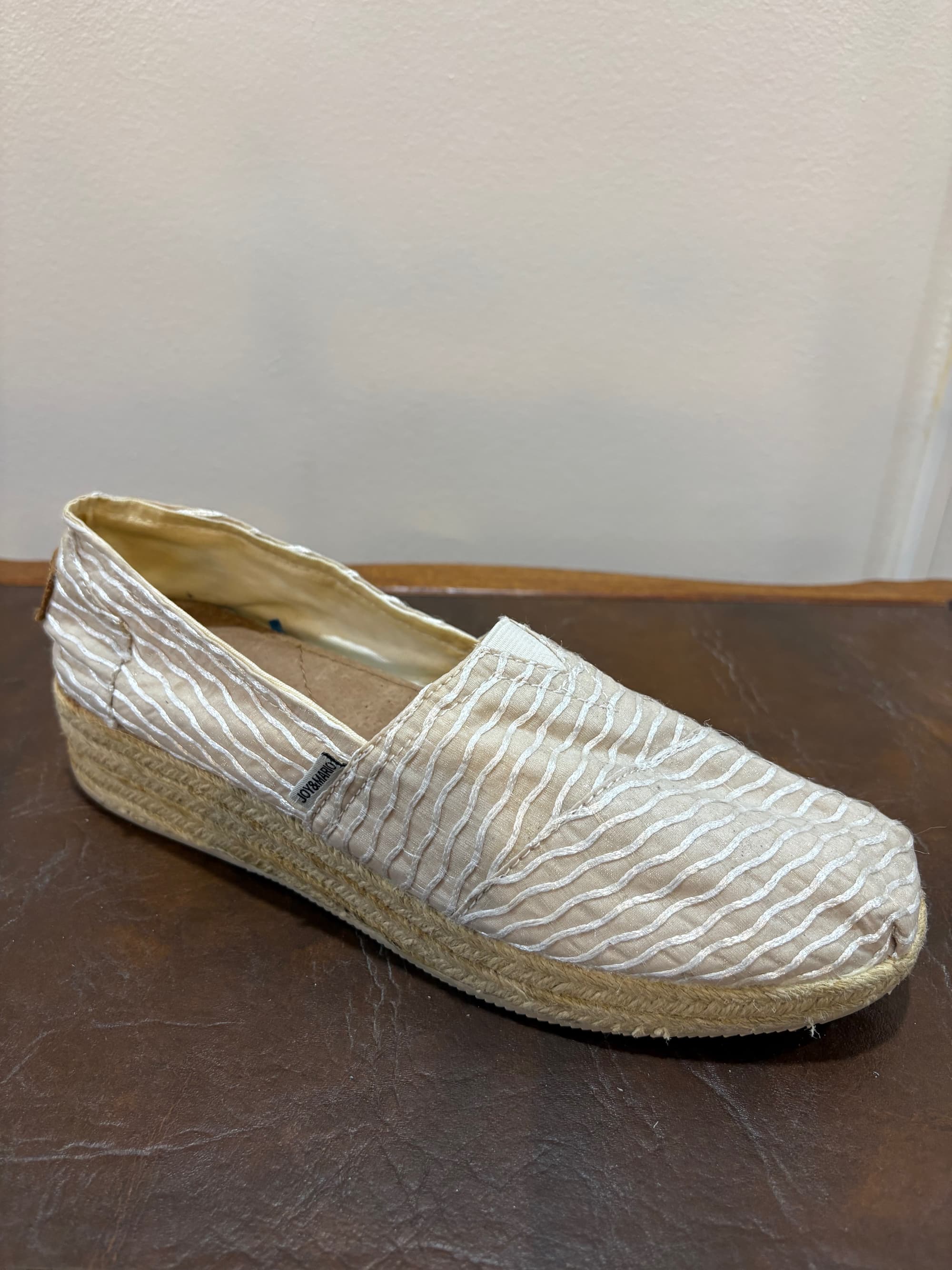 Joy and Mario Taupe & Silver Woven Fabric Wedge Slip-On — 1.5" Wedge | Size 10