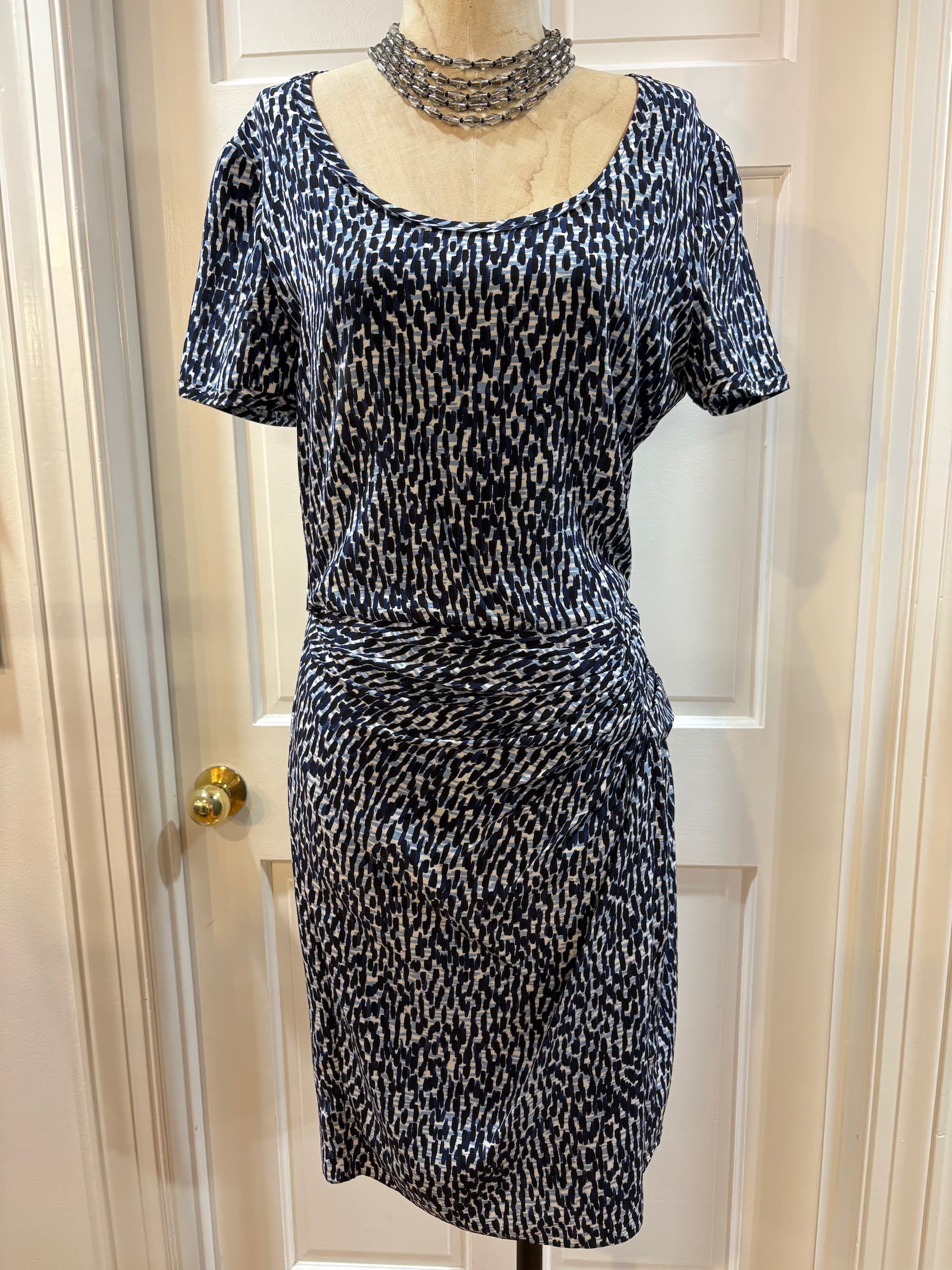 Burberry Brit "Freeda" Printed Silk Dress — Blue & White Abstract Animal Geometric Print | Size 10