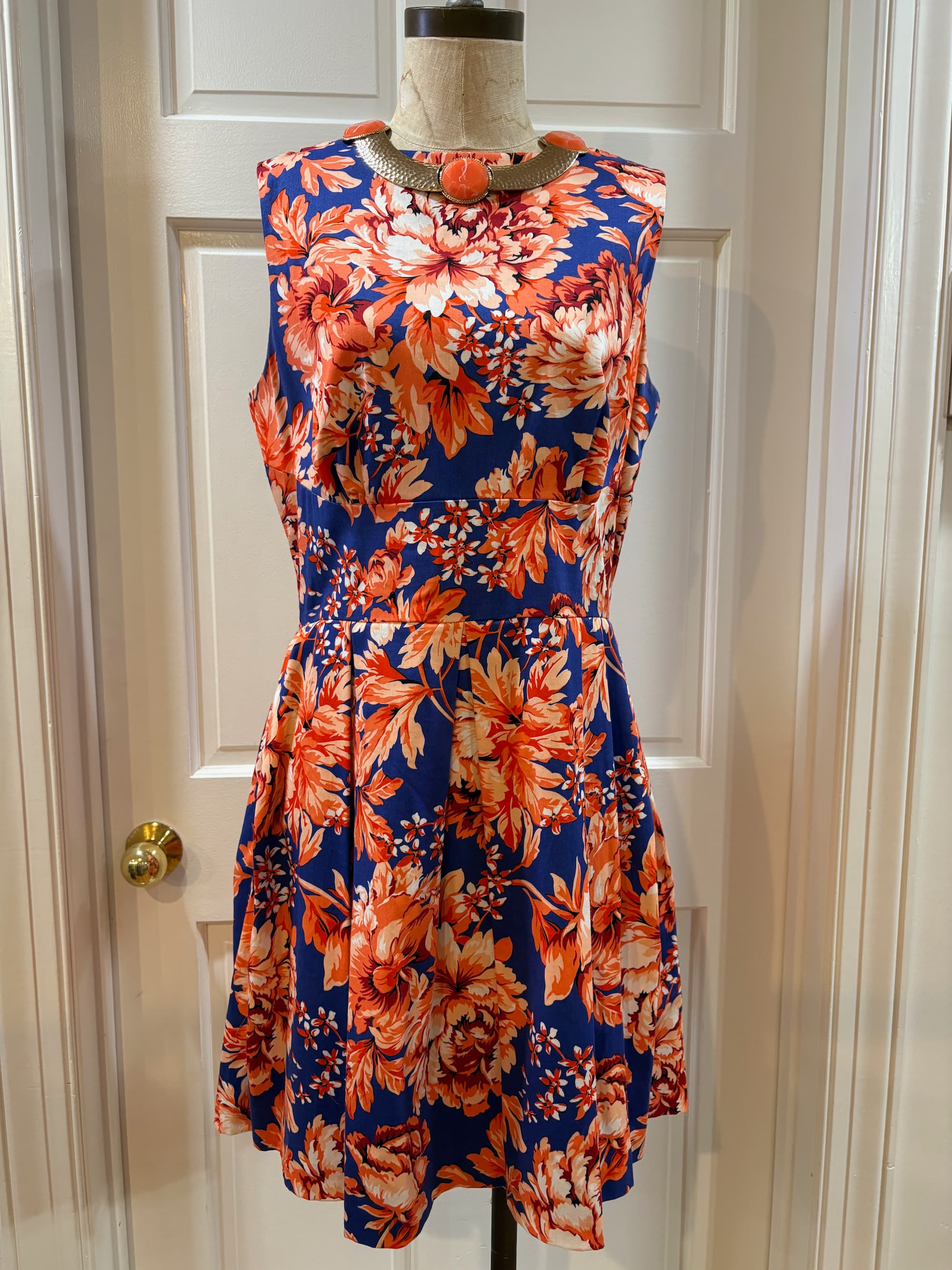 Closet London Tangerine & Cobalt Blue Floral Print Shift Dress