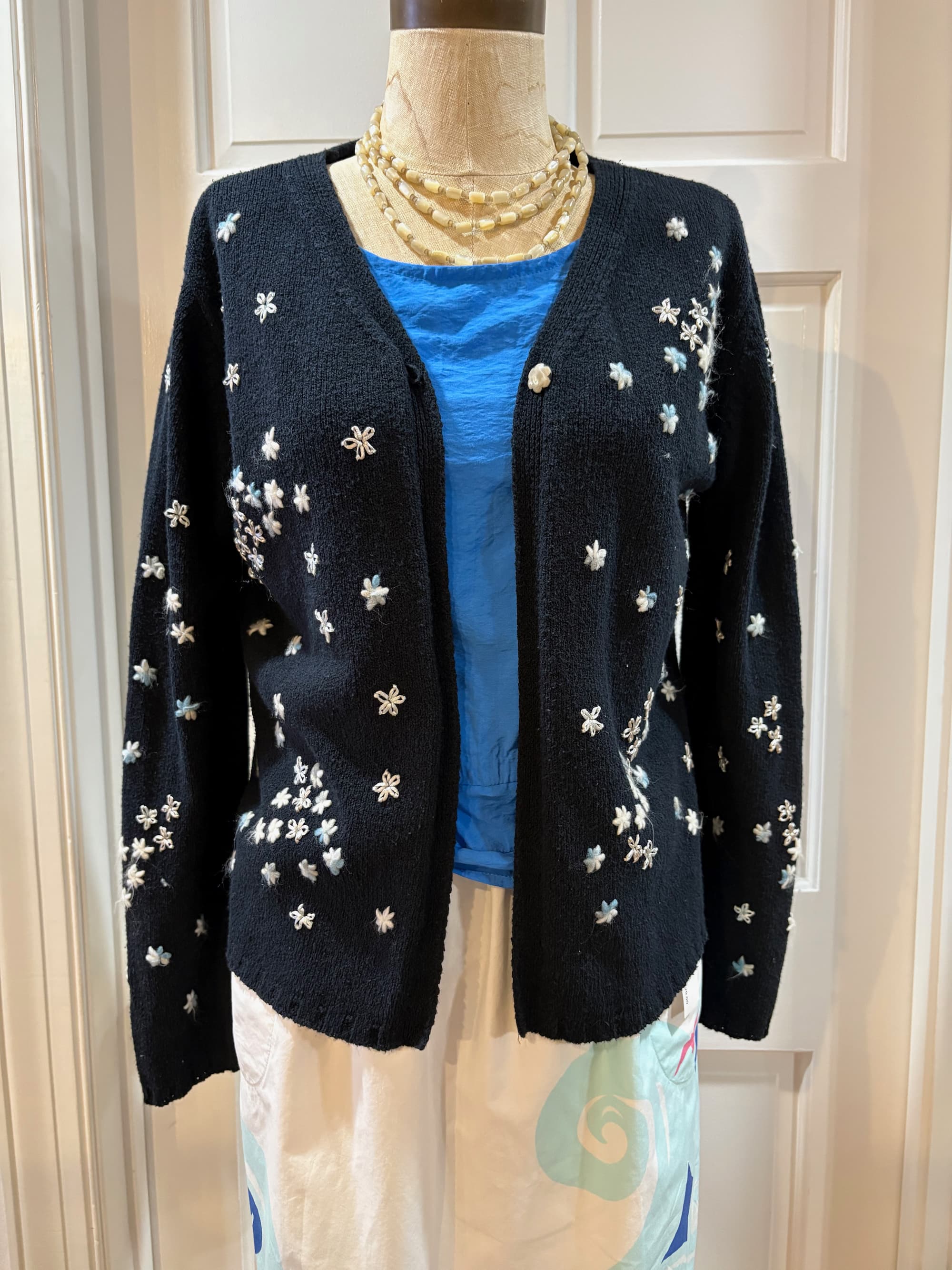 Sigrid Olsen Navy Blue Floral Embroidered Embellished Cardigan — Vintage Artisan