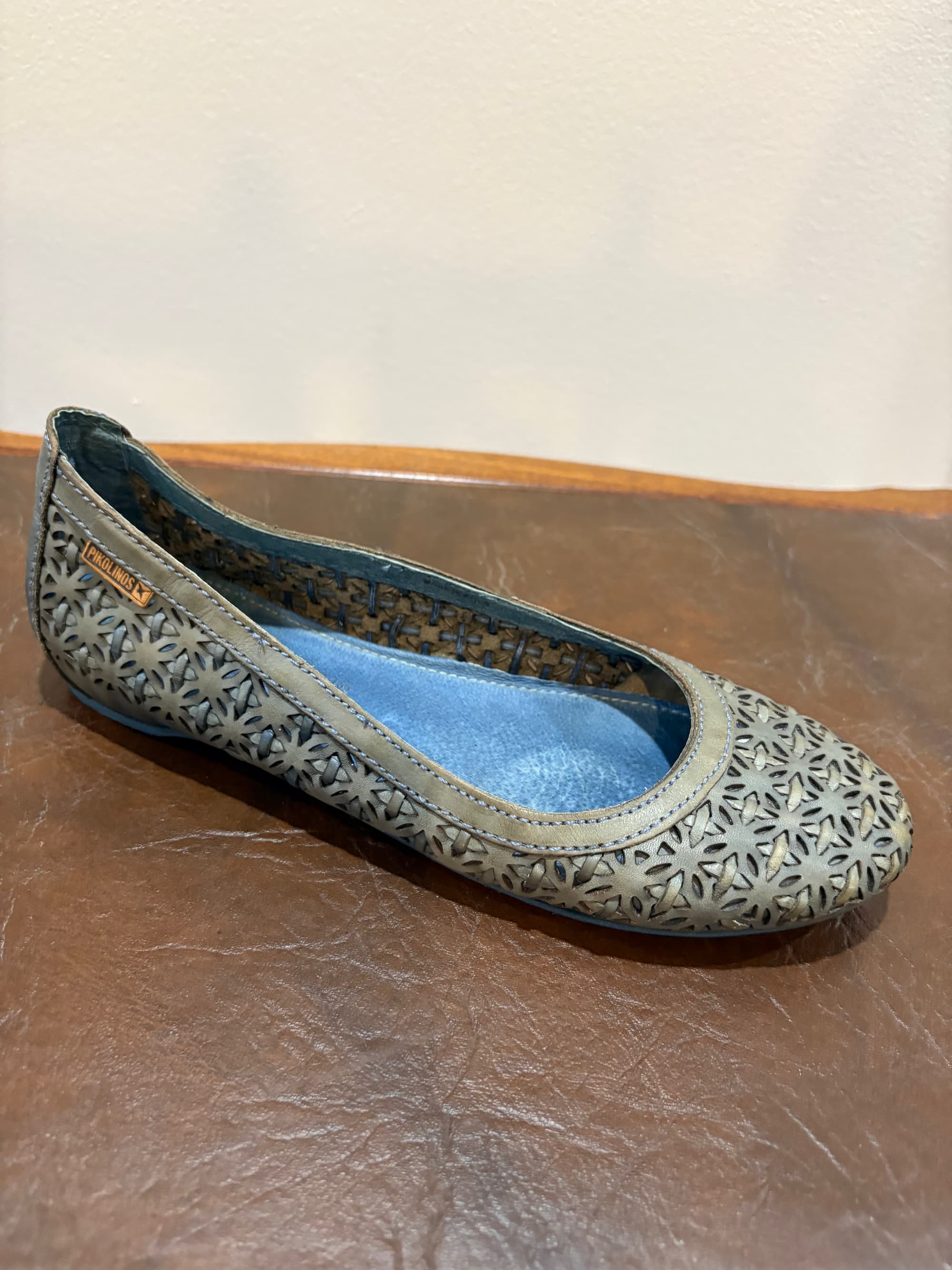 Pikolinos Olive Laser-Cut Leather Ballet Flat — Geometric Cutout Calfskin