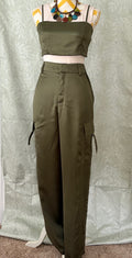 House of Harlow 1960 Olive Silk Cargo Pant & Midriff Tank Set — Nicole Richie Boho-Glam