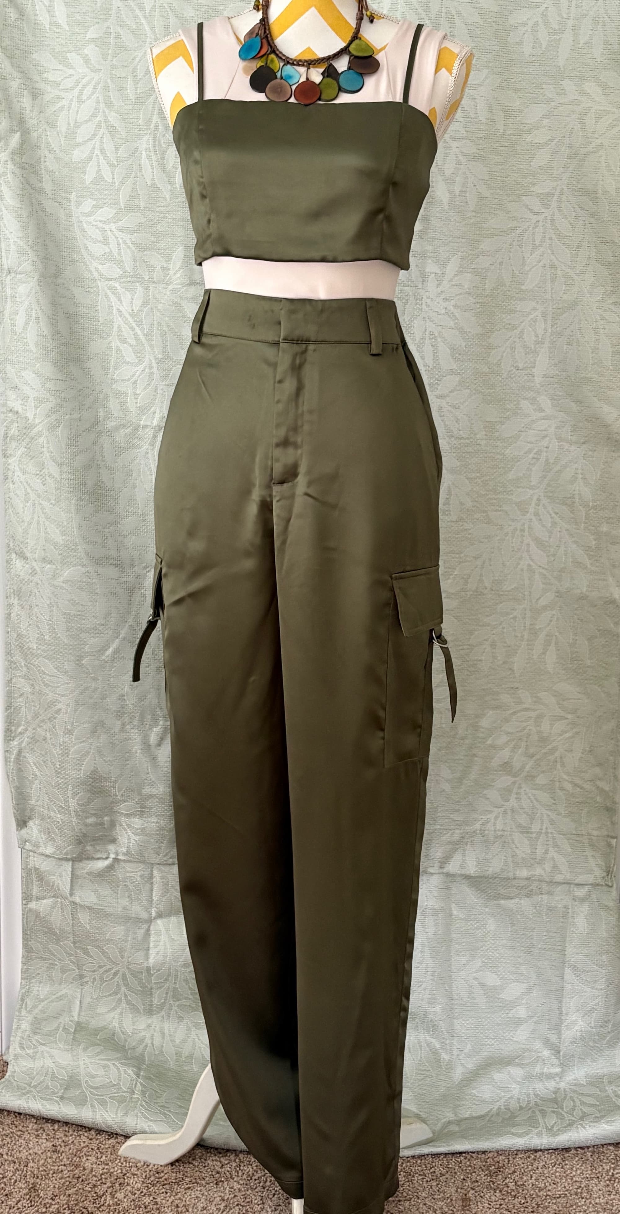 House of Harlow 1960 Olive Silk Cargo Pant & Midriff Tank Set — Nicole Richie Boho-Glam