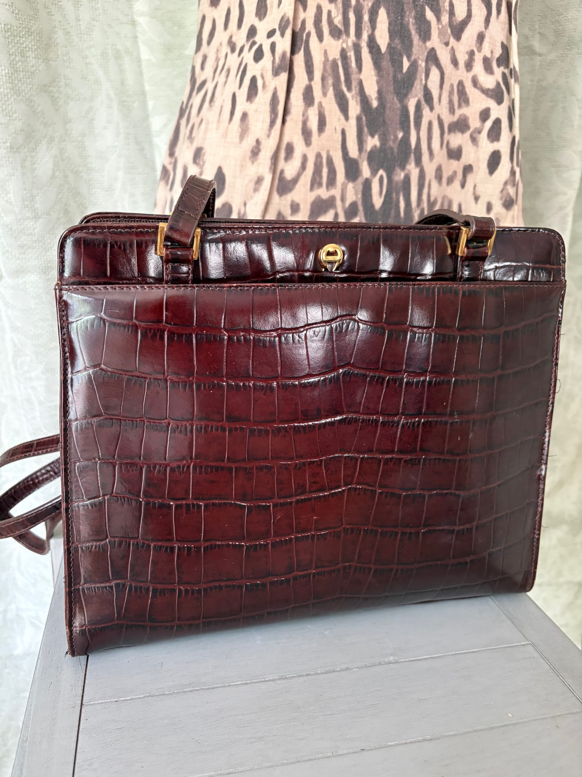 Etienne Aigner Vintage Structured Top-Handle Moc-Croc Bag c. 1978–82