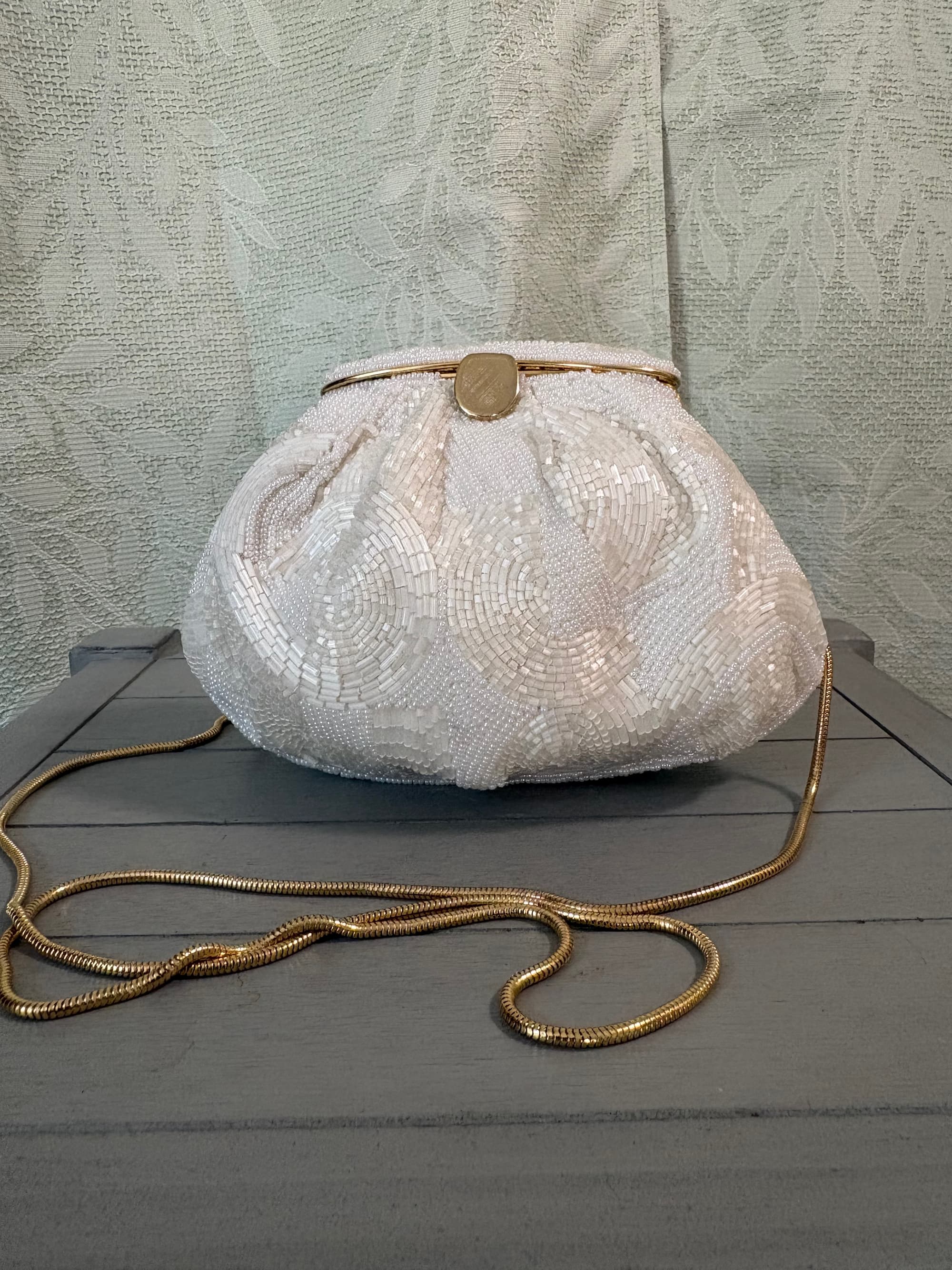 Vintage 1980s White Beaded Bridal Clutch — 1950s-Inspired