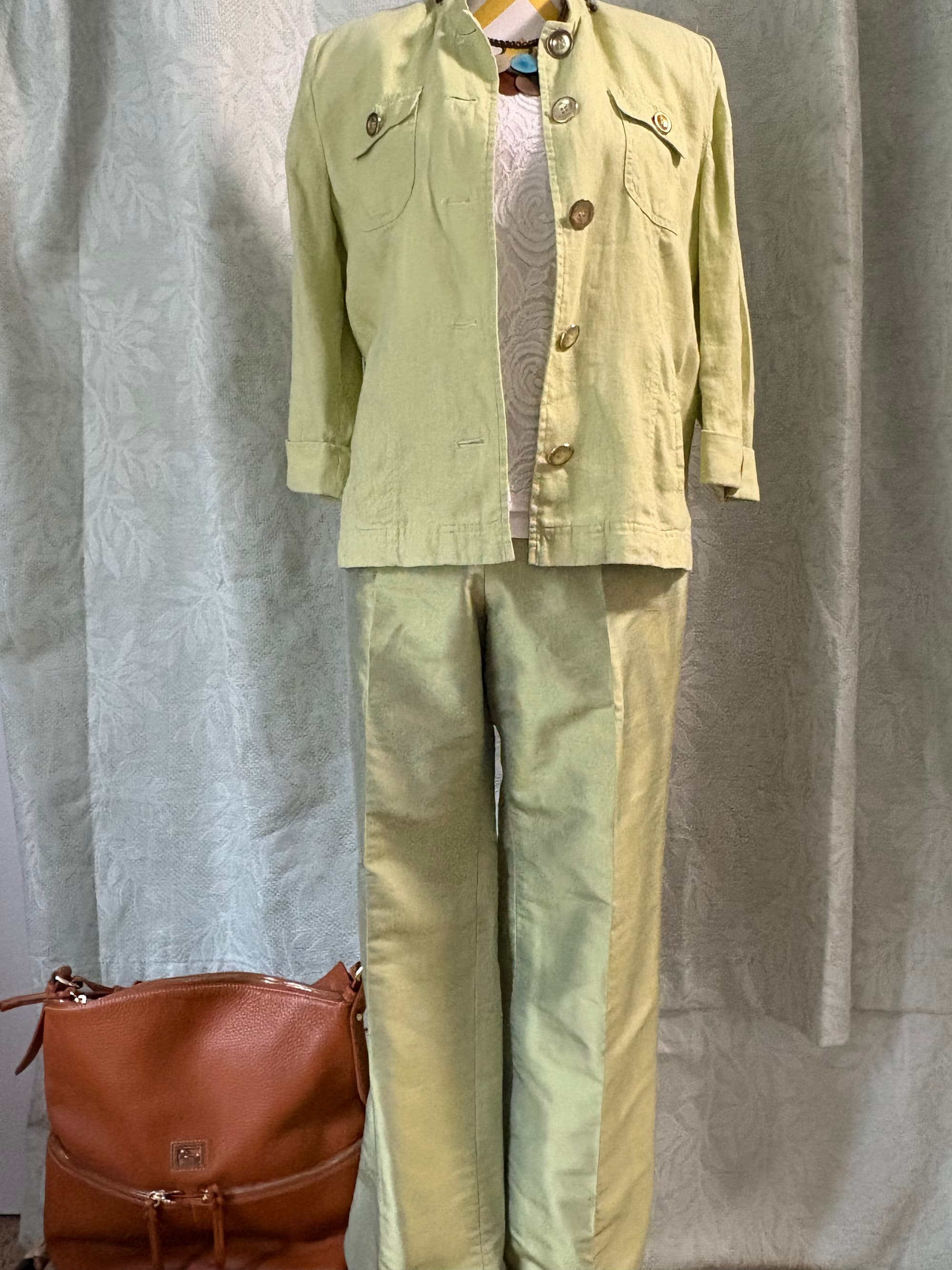 JM Collection Linen Jacket & Talbots Satin Trousers — Sage Green Resort Separates | Jacket 12P / Trousers 10