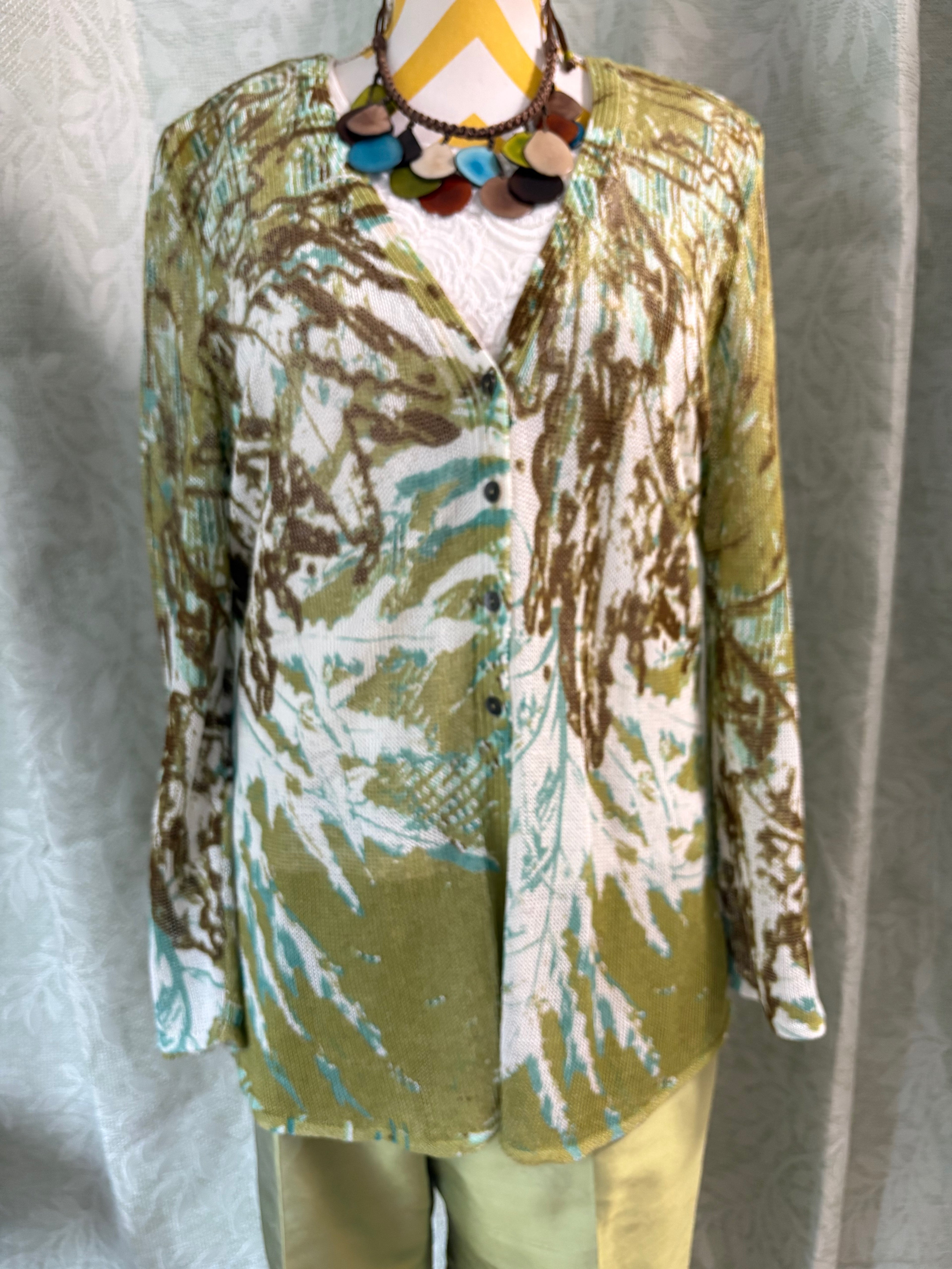 Nic & Zoe Linen Blend Abstract Earth Splatter Cardigan Sweater