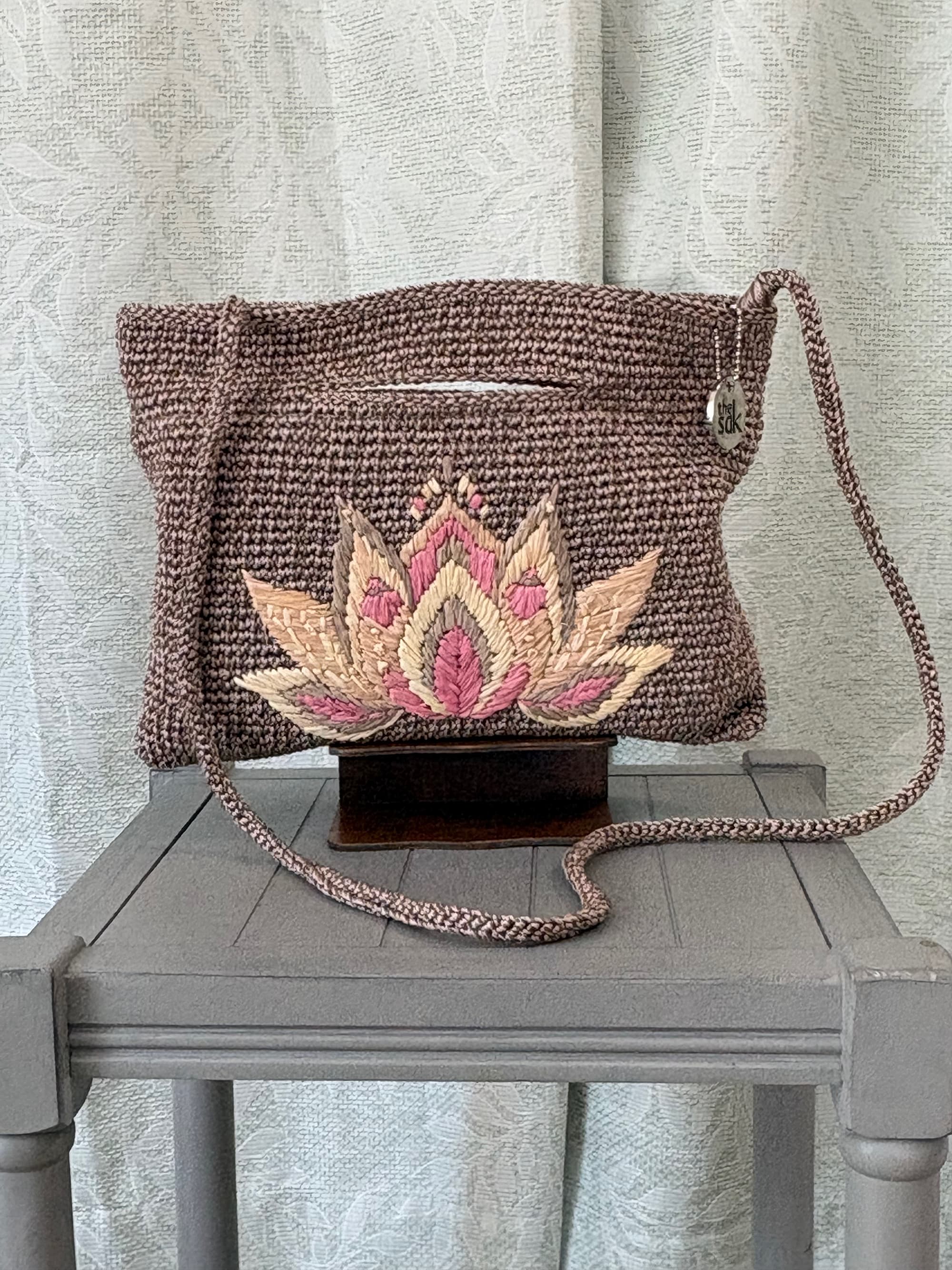The Sak Limited Edition Hand-Crocheted Ball Lotus Crossbody — Embroidered Pink & Yellow Lotus Flower