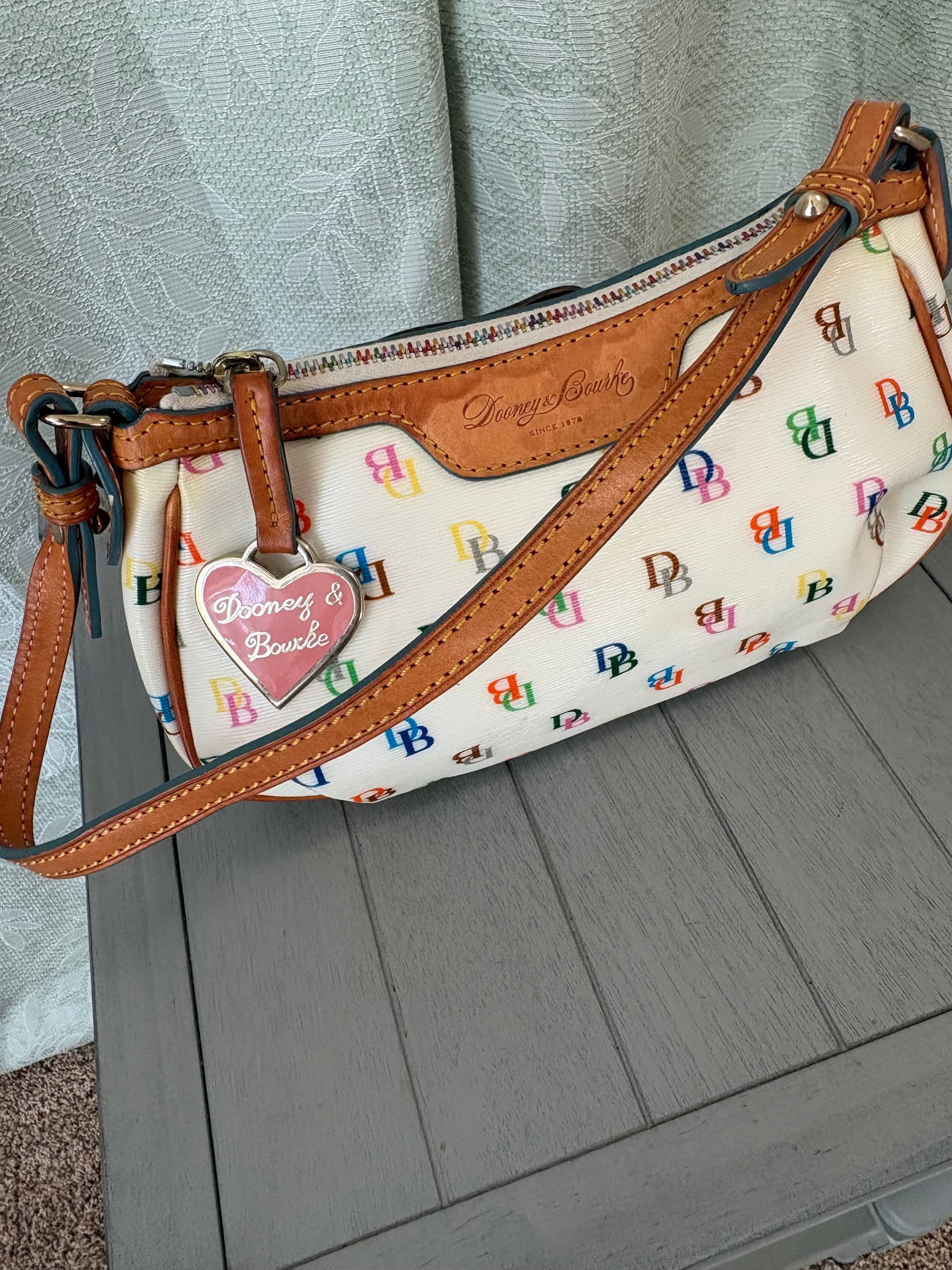 Dooney & Bourke "It Girl" Multicolor Monogram Patty Baguette Pouchette — Y2K Vintage | Heart Charm
