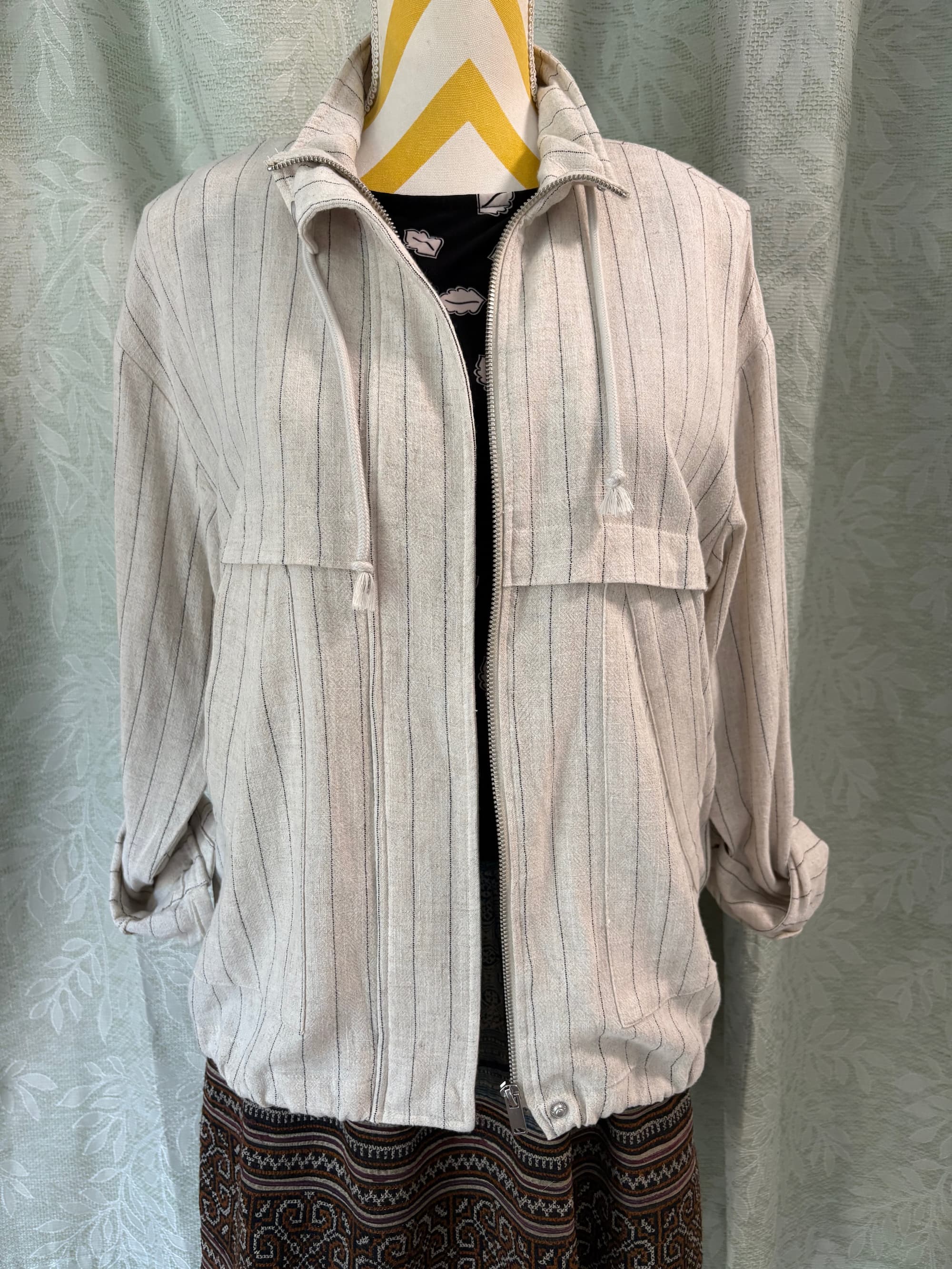 Tribal Linen Pinstriped Utility Jacket — Coastal Chic | Size P/S