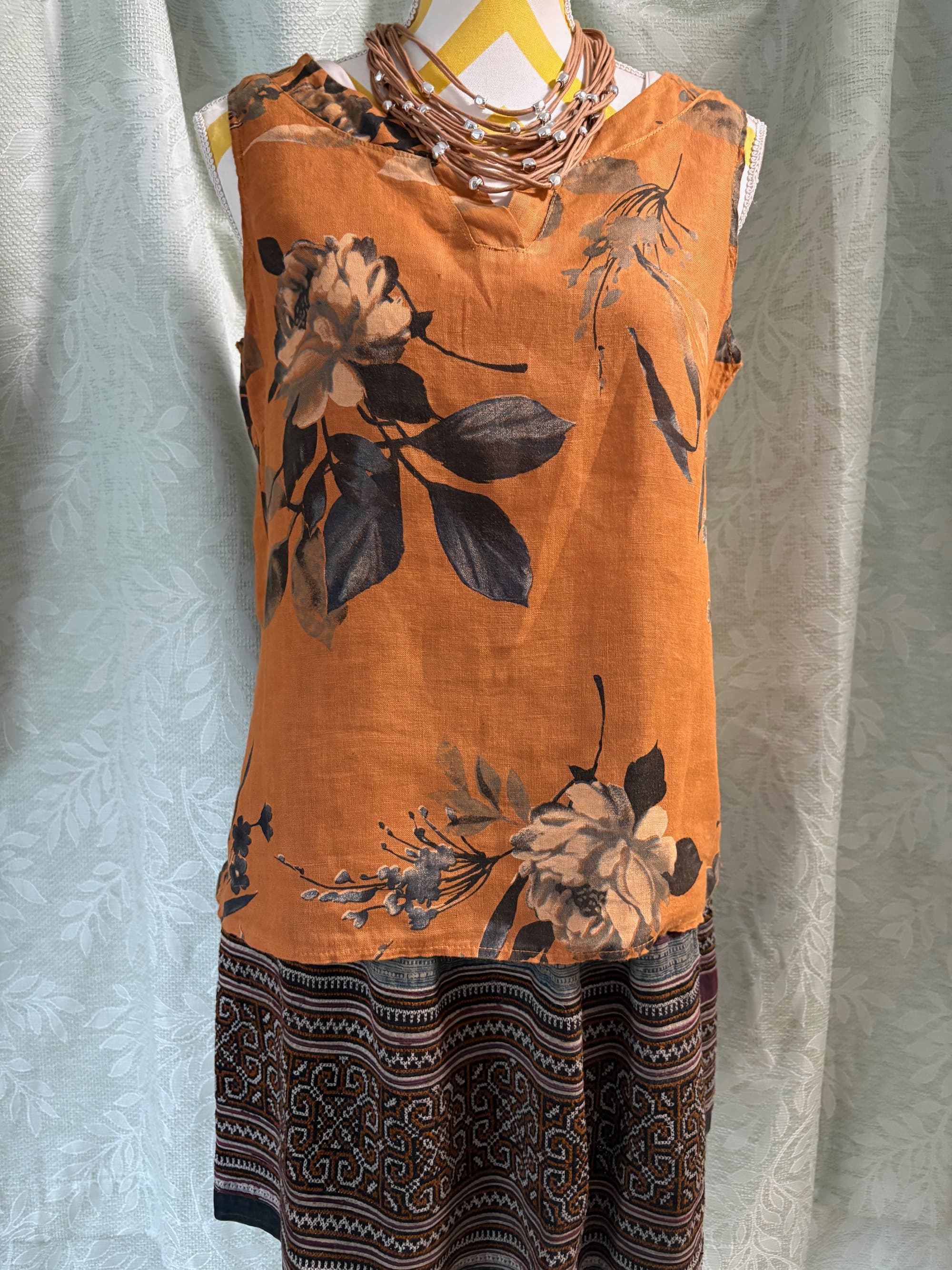 Linen Luv Burnt Orange Floral Print Linen Top | Size S