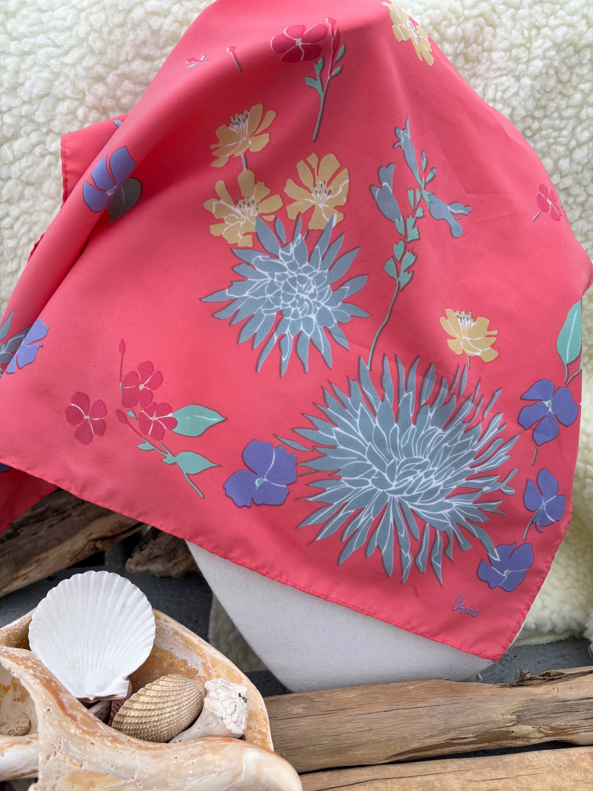 Vintage 1960s Vera Neumann Silk Scarf Coral Pink Blue Chrysanthemum Floral